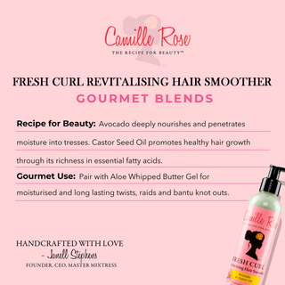 Camille Rose Fresh Curl Revitalising Hair Smoother on a pink background with product details.